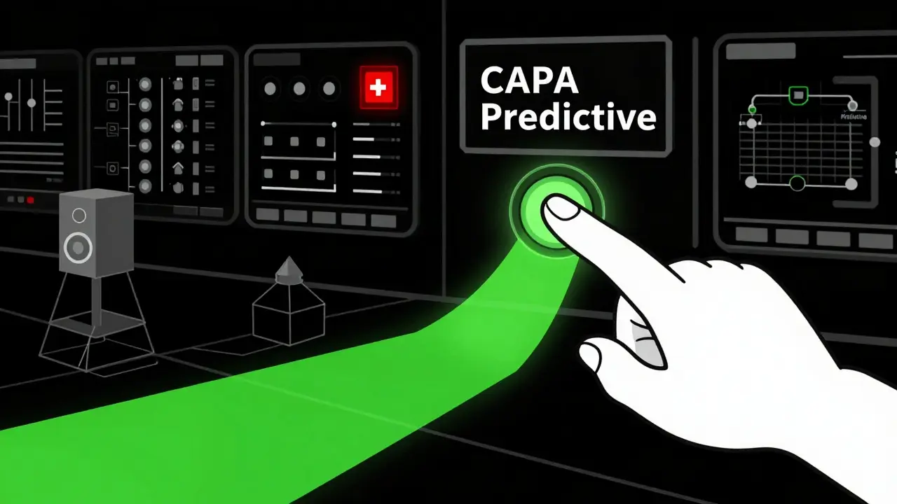 Une salle de contrôle avec un tableau de bord prédictif qui active une vague de correction dans une usine.