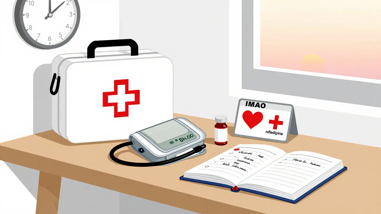 Une trousse d'urgence médicale contenant un tensiomètre, des comprimés et une carte d'identité IMAO sur une étagère.