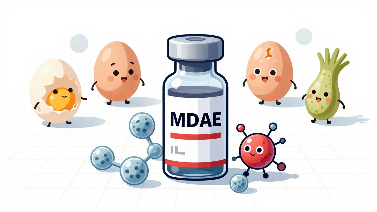 Vaccin mRNA avec molécule PEG sécurisée, contre des allergènes inoffensifs représentés comme des symboles brisés.