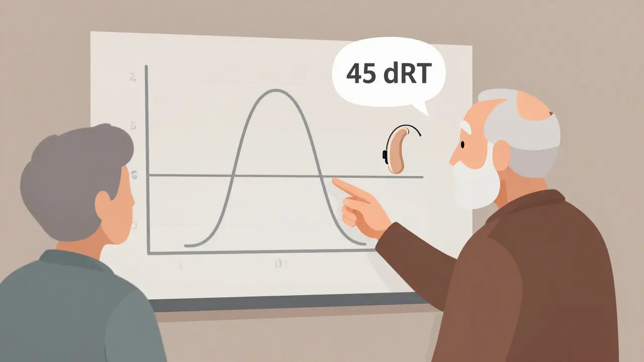 Audiologiste expliquant un audiogramme à un patient avec des icônes de tests auditifs.