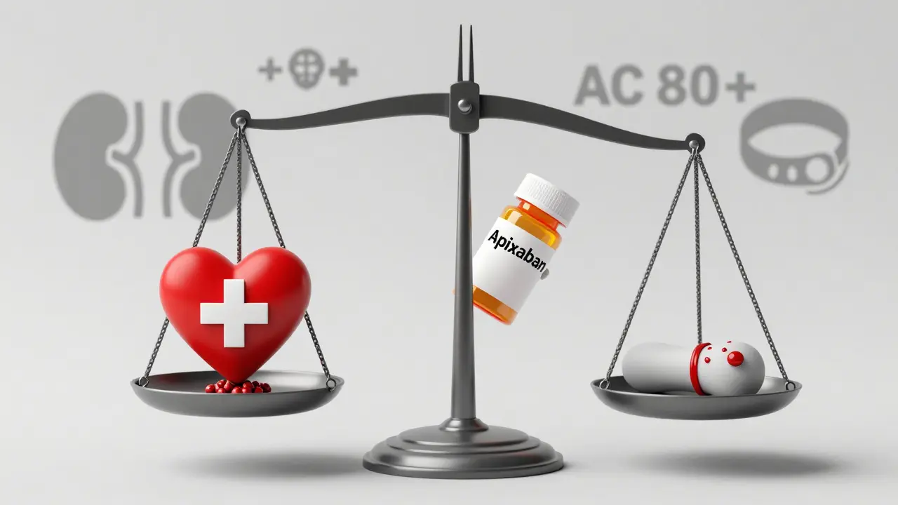 Balance symbolisant le risque entre caillot et saignement sous traitement.