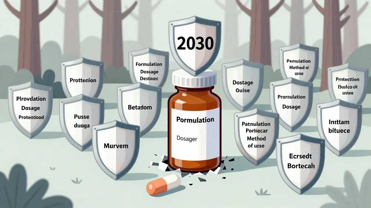 Bouteille de médicament entourée de nombreux boucliers de brevets secondaires.