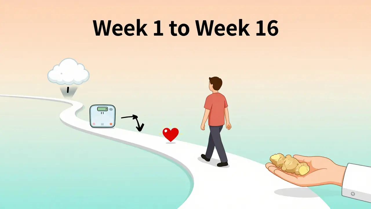 Chemins de traitement GLP-1 sur 16 semaines, avec symboles de réduction des nausées, perte de poids et amélioration de la santé.