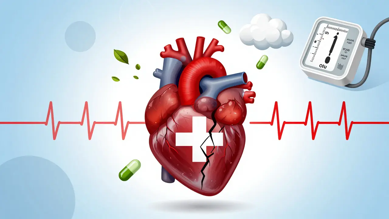 Cœur humain avec une surface fissurée entouré de capsules d'extrait de thé vert et une augmentation de la pression artérielle.