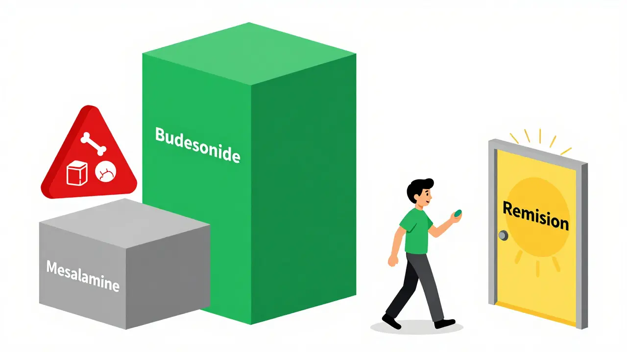Comparaison visuelle des traitements : budesonide comme solution la plus efficace.