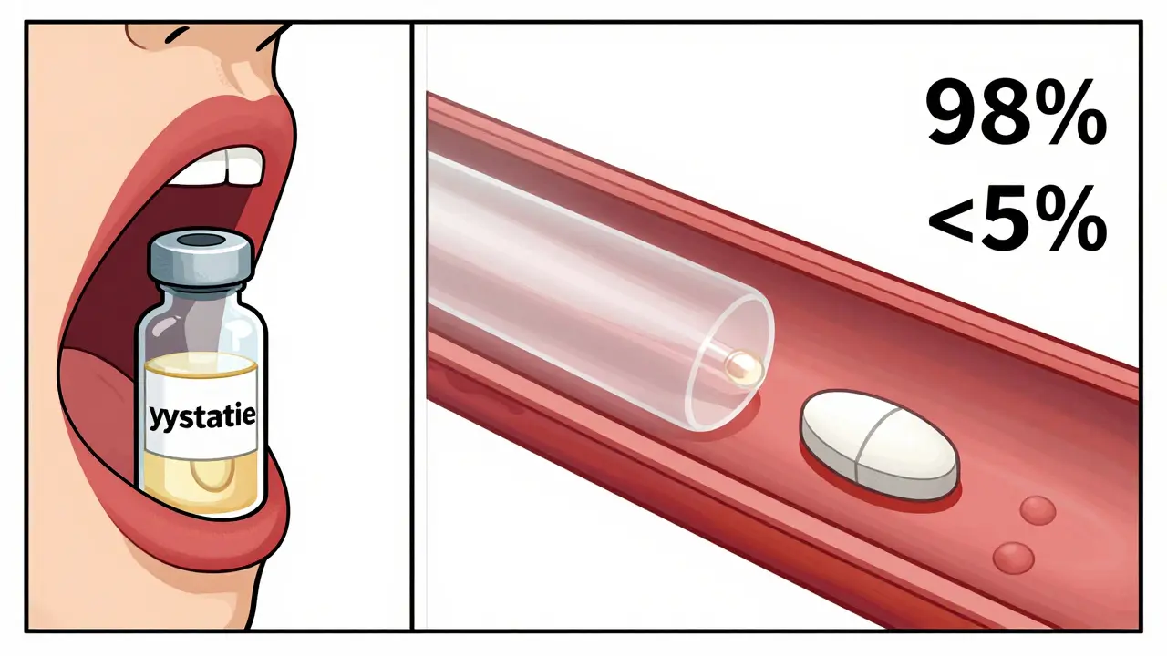 Comparaison visuelle entre la nystatine locale et le fluconazole systémique en style géométrique.