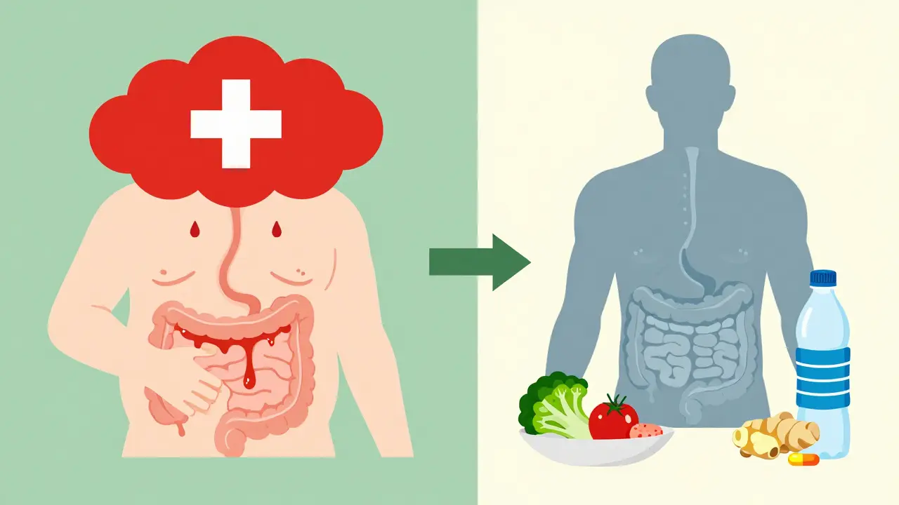Comparaison visuelle entre un repas gras provoquant des nausées et un repas léger accompagné de gingembre et d'eau.