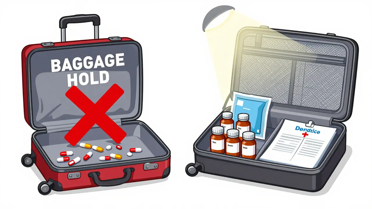 Comparaison visuelle : médicaments interdits en soute vs. organisés en cabine.