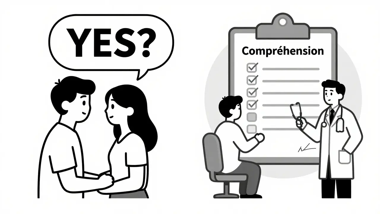 Contraste entre consentement sexuel et médical, représenté en deux scènes distinctes, style suisse.