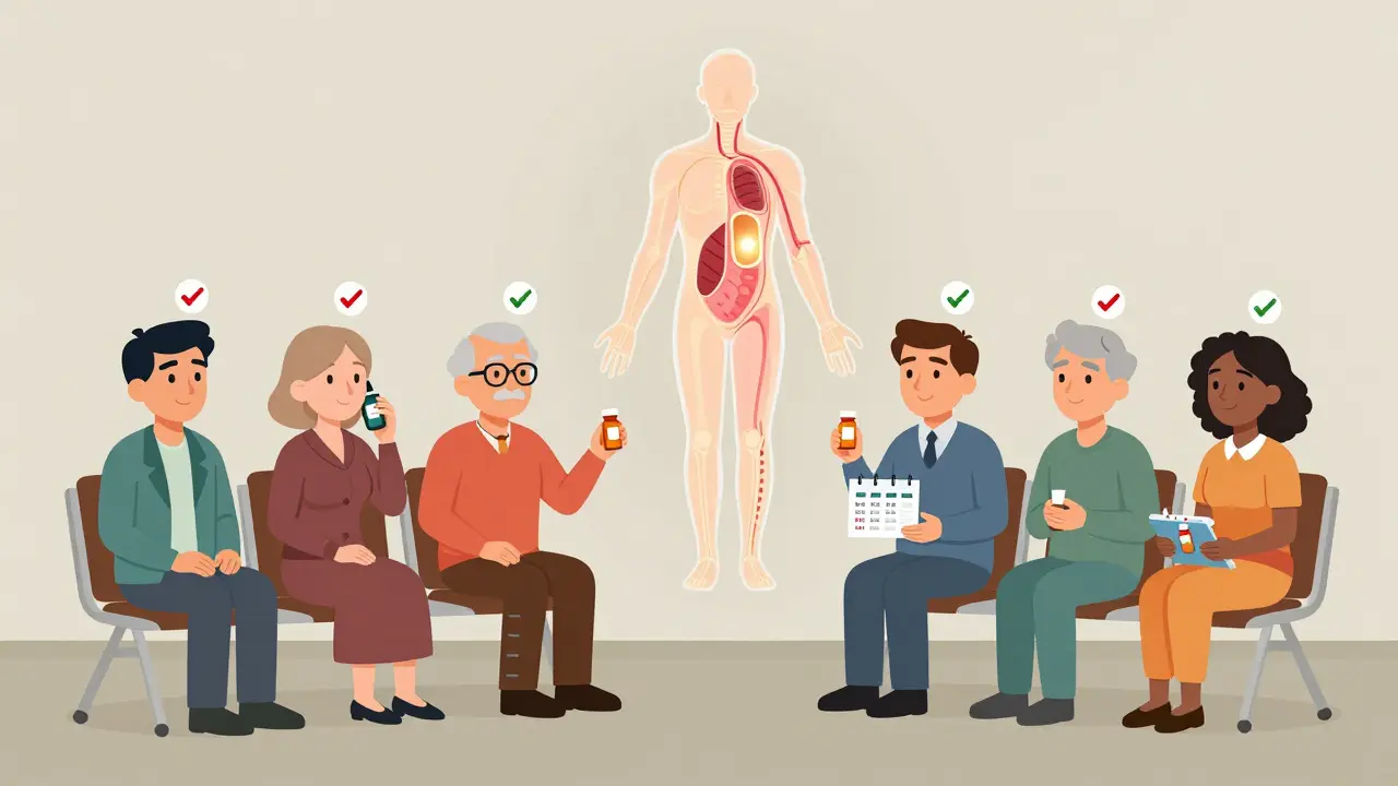 Des patients dans une salle d'attente avec des bouteilles de médicaments et un schéma de fenêtre thérapeutique au-dessus.