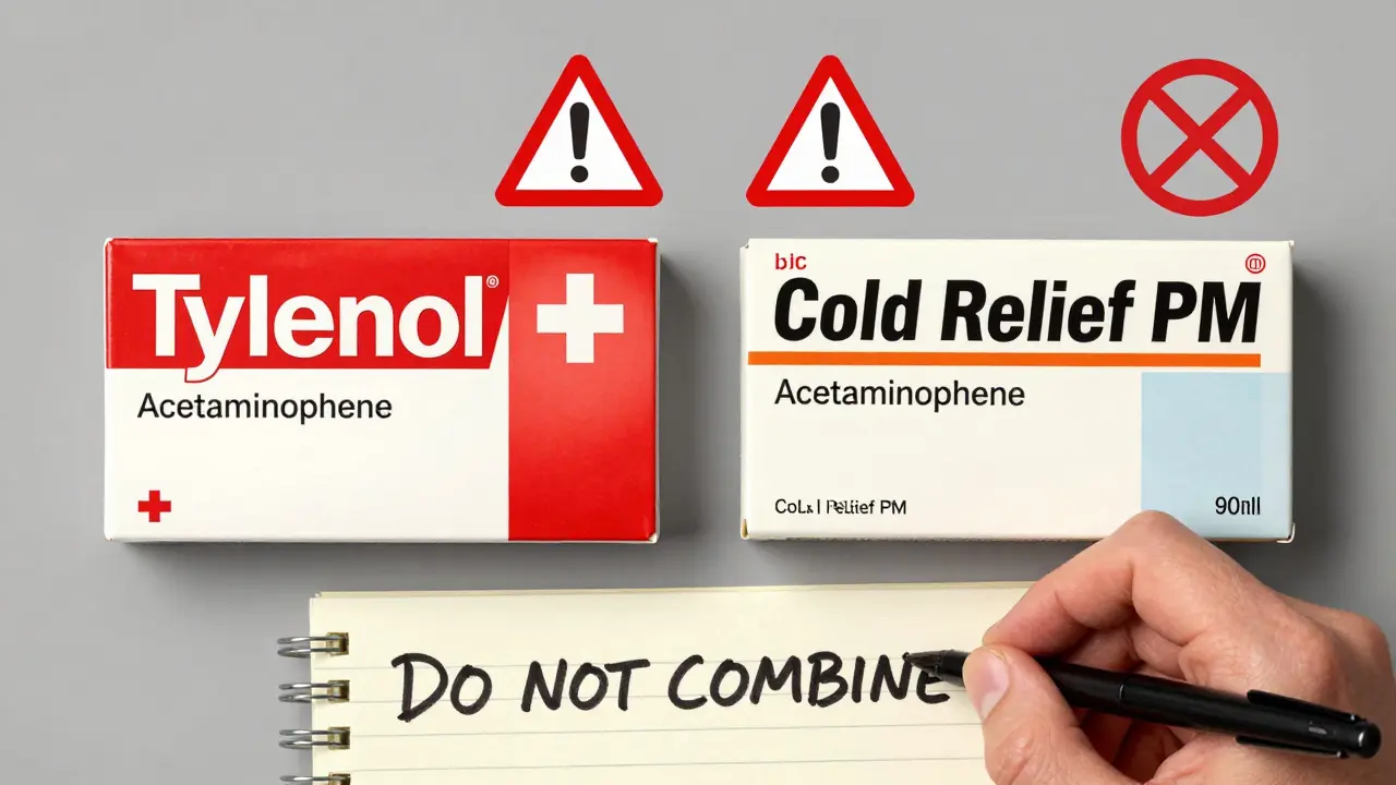 Deux boîtes de médicaments révèlent le même ingrédient actif, avec un avertissement rouge clair.