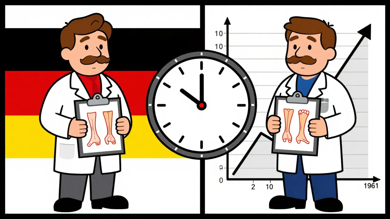 Deux médecins observant des malformations fœtales, symbole d'une découverte simultanée en 1961.