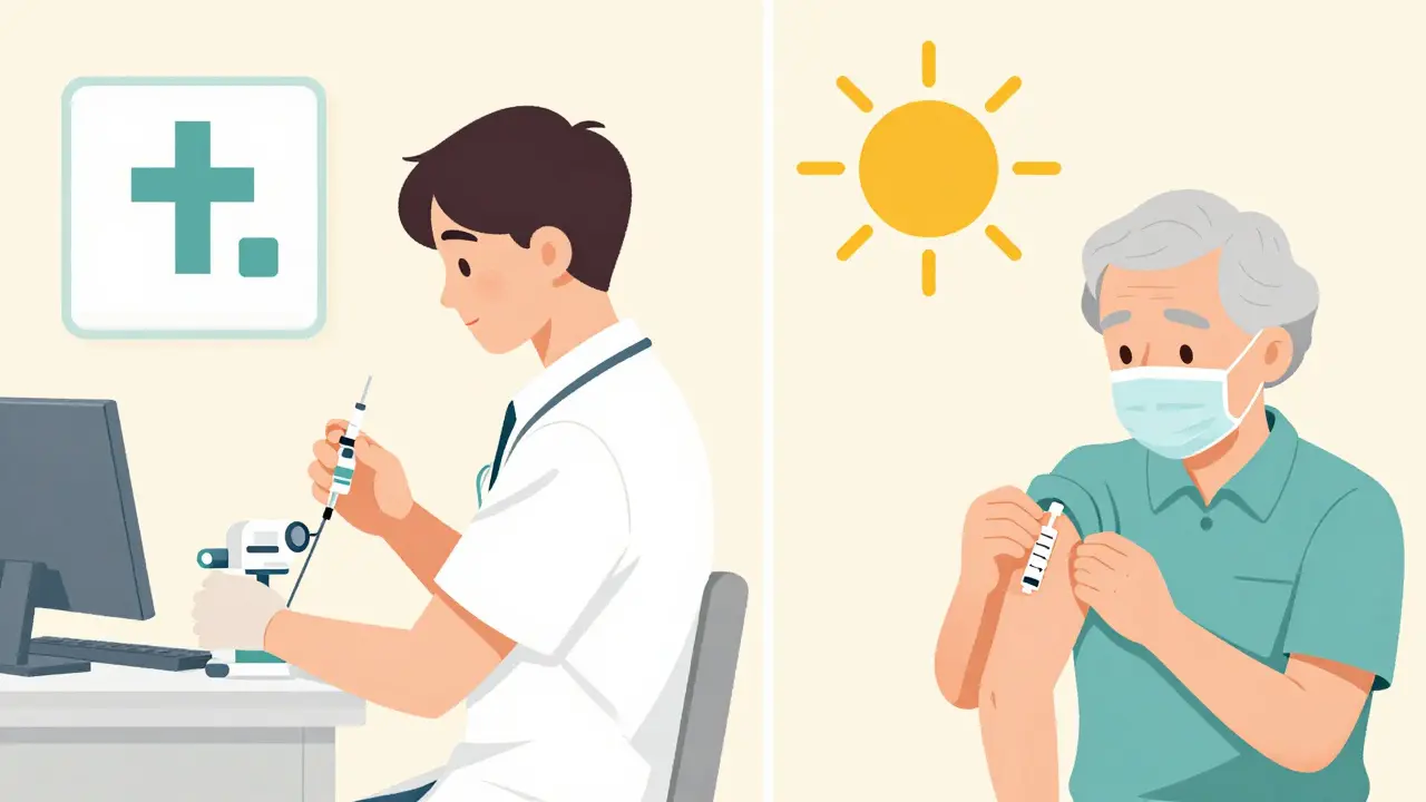 Deux personnes recevant des protections contre l'hépatite A : vaccin et immunoglobuline, représentées de manière symbolique.