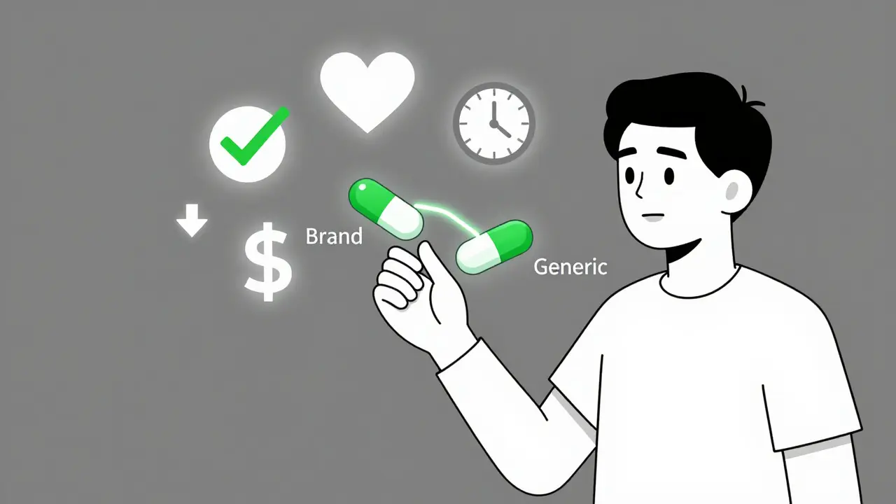 Deux pilules identiques reliées par une ligne lumineuse, entourées d'icônes symbolisant la confiance, la santé et l'économie.