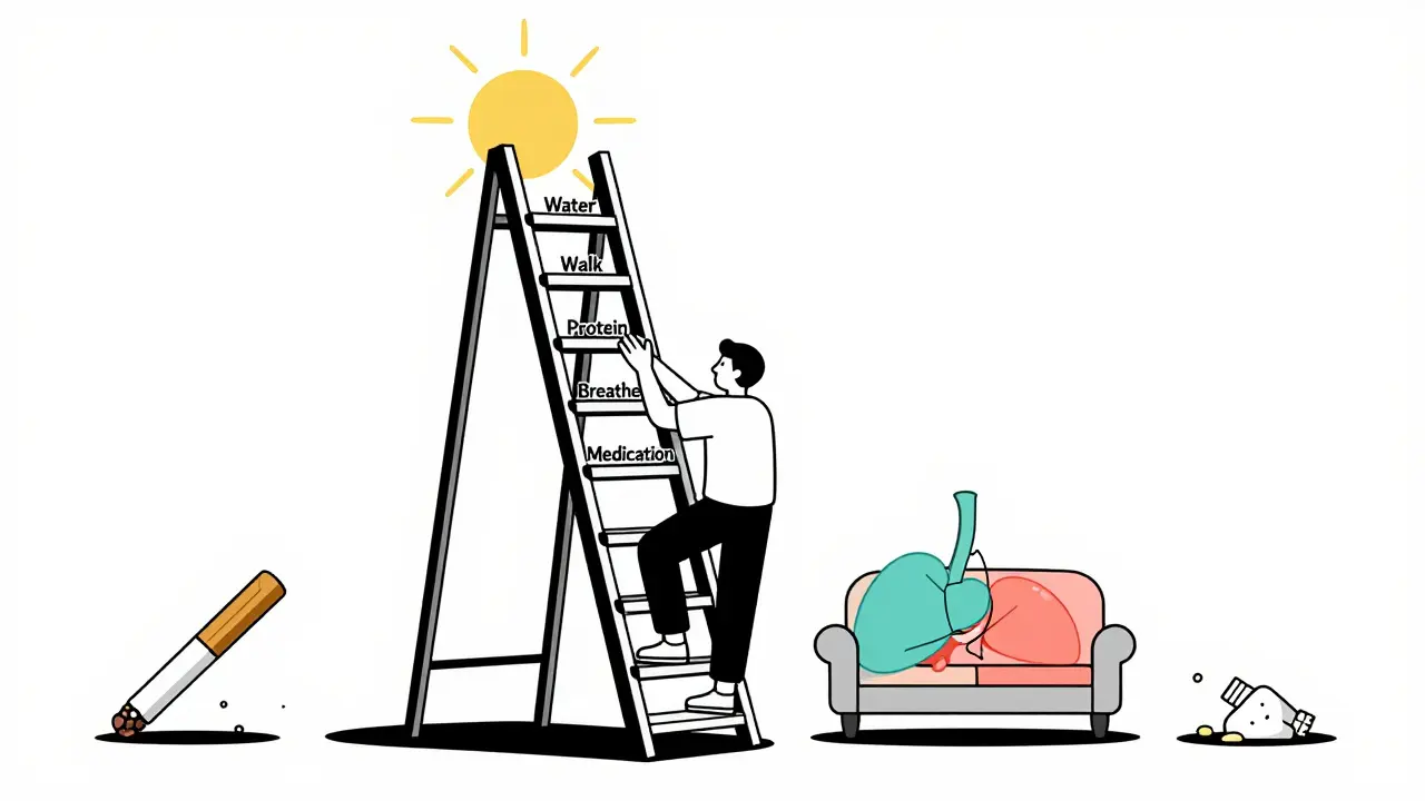 Échelle de cinq étapes vers la santé cardiaque, avec des habitudes quotidiennes et un soleil en haut.