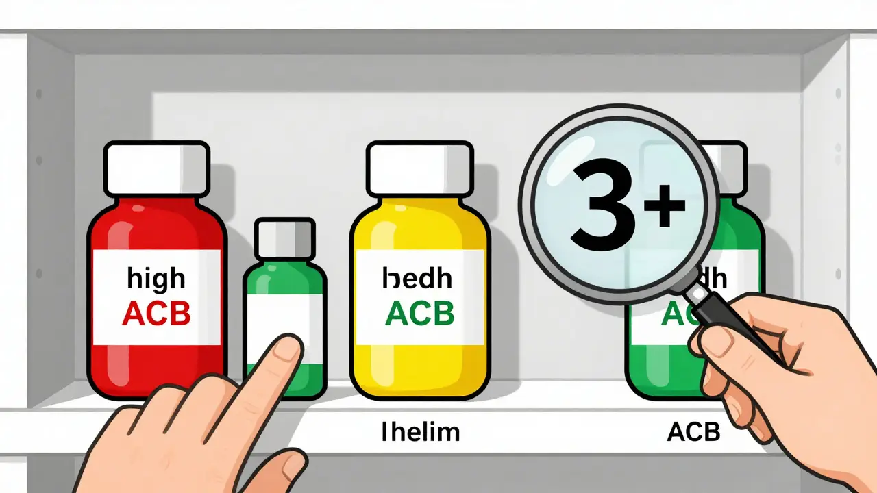 Étagère de pharmacie classée par risque anticholinergique avec remplacement sécurisé.