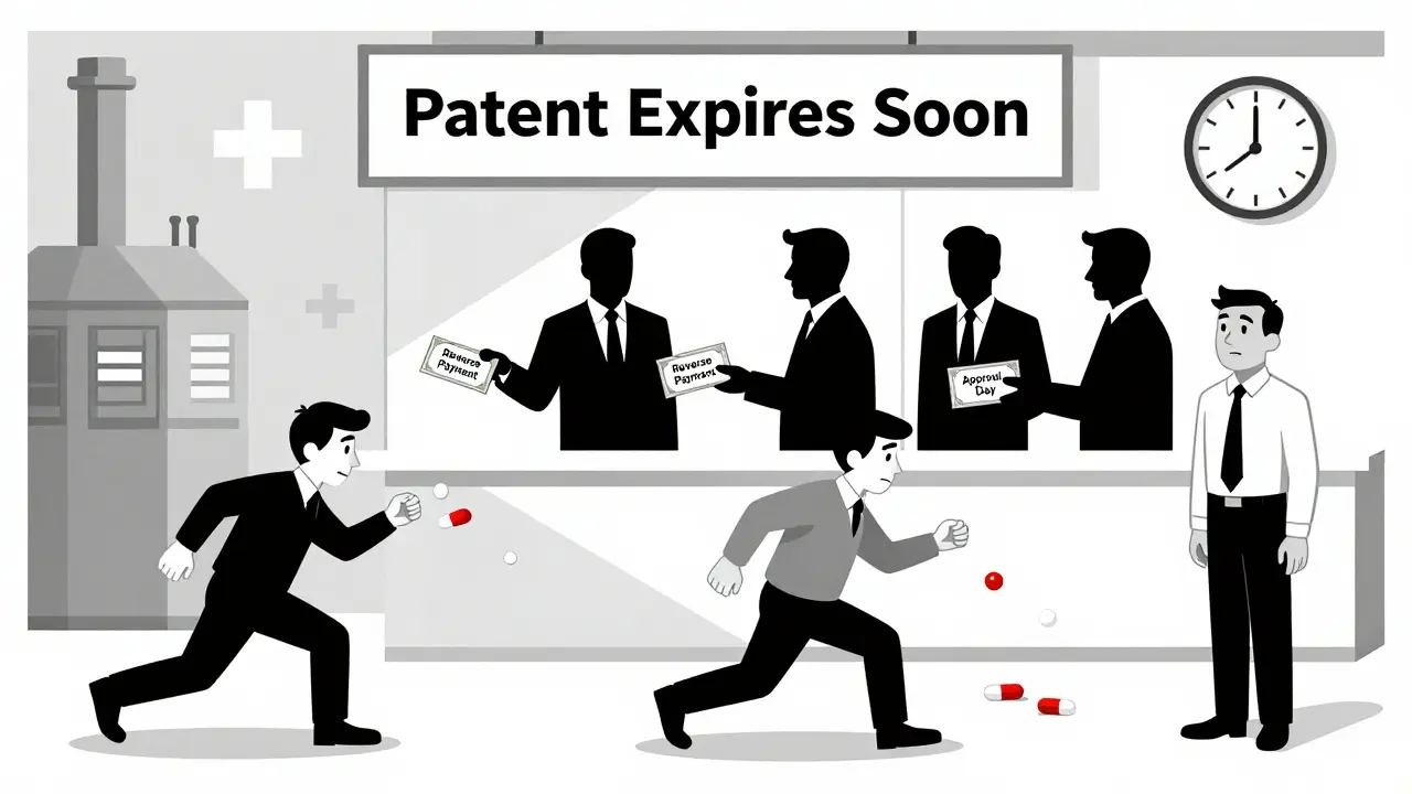 Factory producing generics while shadowy figures pay to delay entry, symbolizing anti-competitive tactics.
