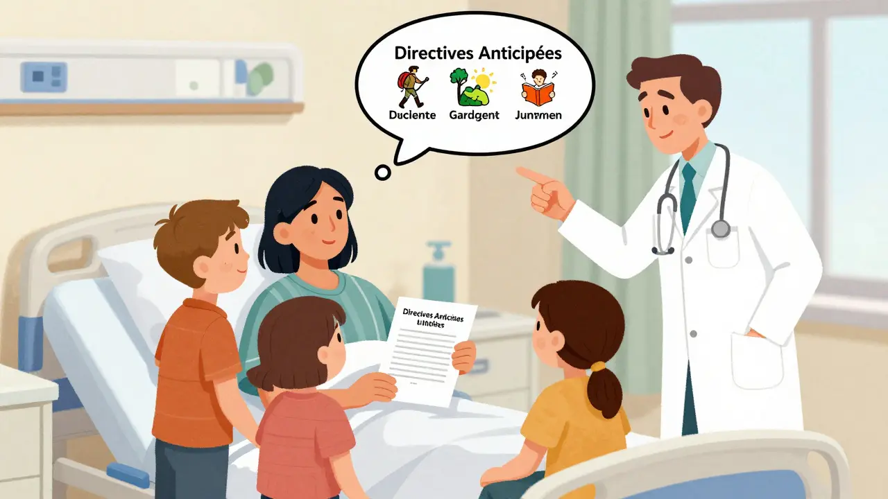 Famille discute des directives anticipées près d'un patient inconscient, style illustration suisse.