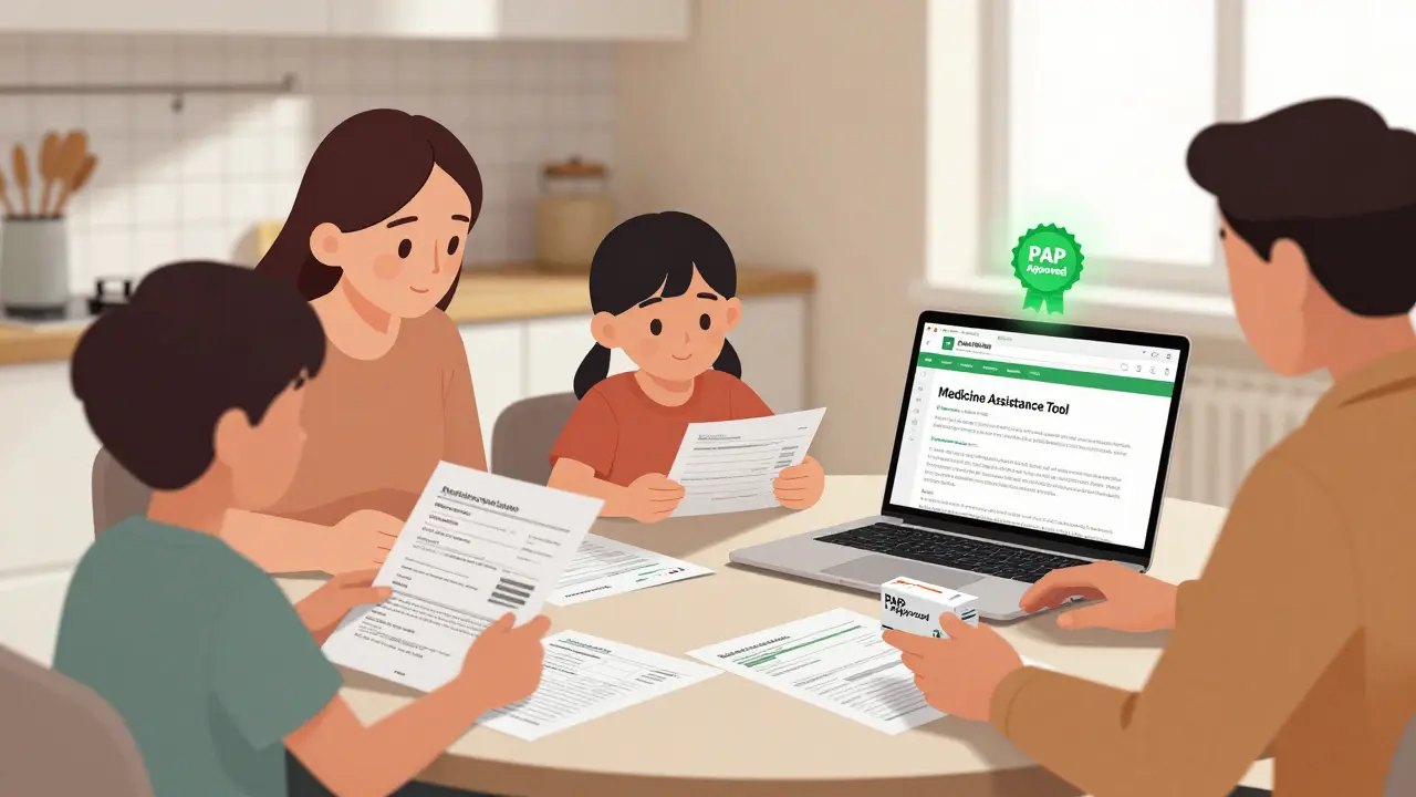 Famille remplit des formulaires d'aide médicale sur un ordinateur, avec un badge d'éligibilité vert.