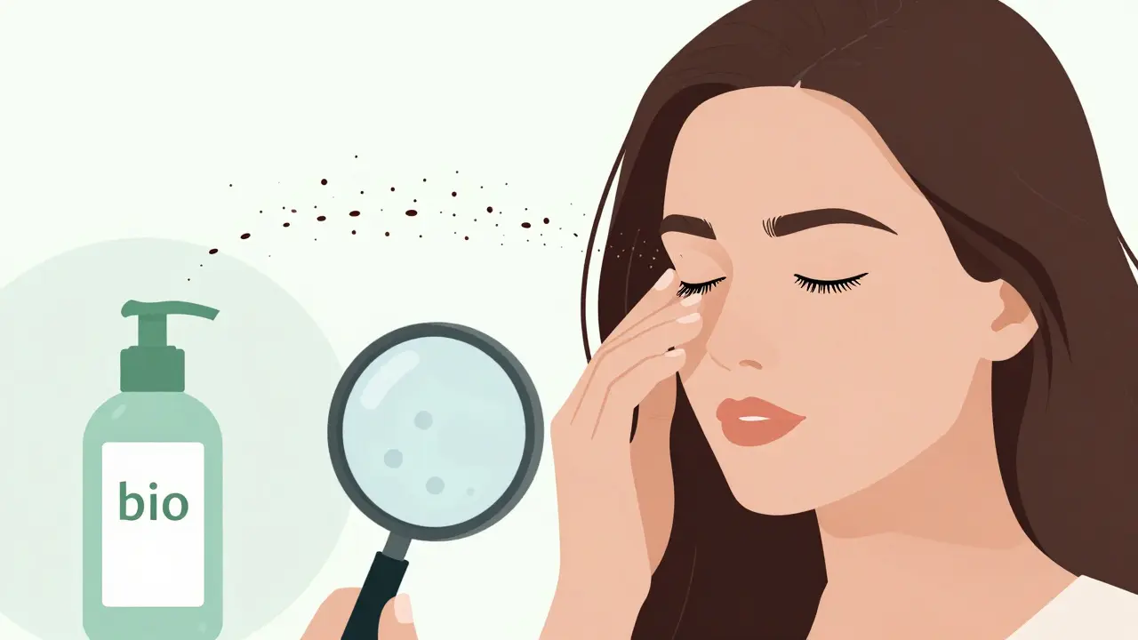 Femme touchant son œil après avoir touché ses cheveux, avec des allergènes visibles sous loupe.