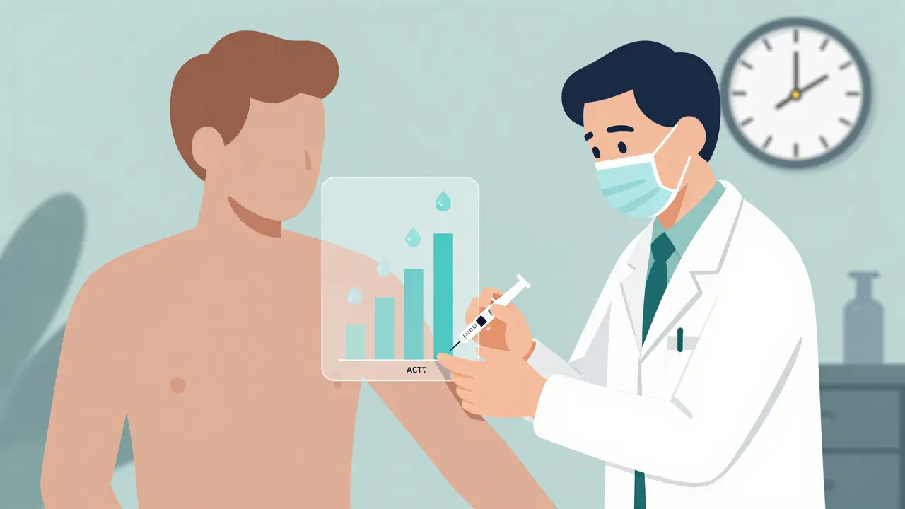 Médecin administre une injection d'ACTH, avec des gouttes de cortisol qui montent en barre dans un fond stylisé.