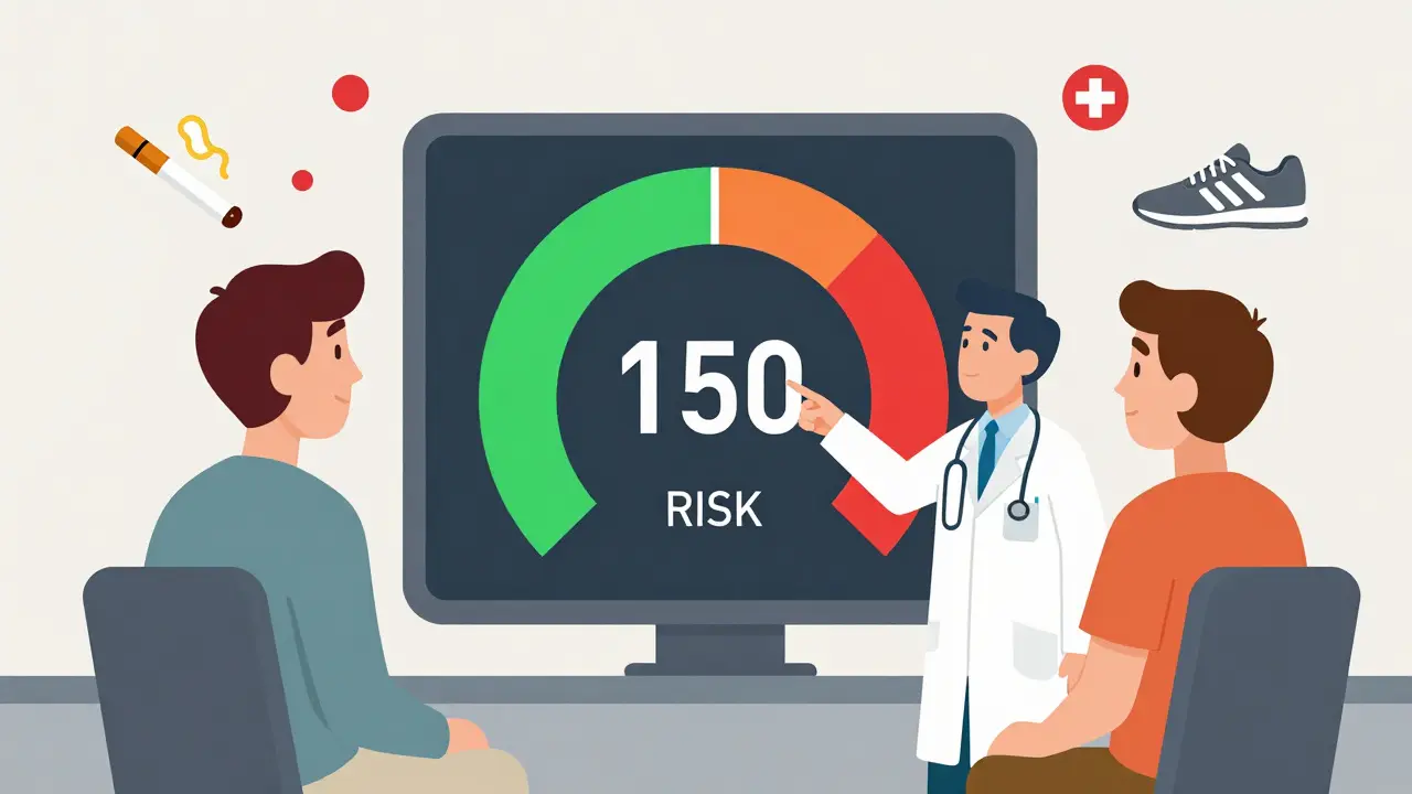 Médecin montrant un tableau de score de calcium coronaire à un patient, avec des icônes de mode de vie flottantes.