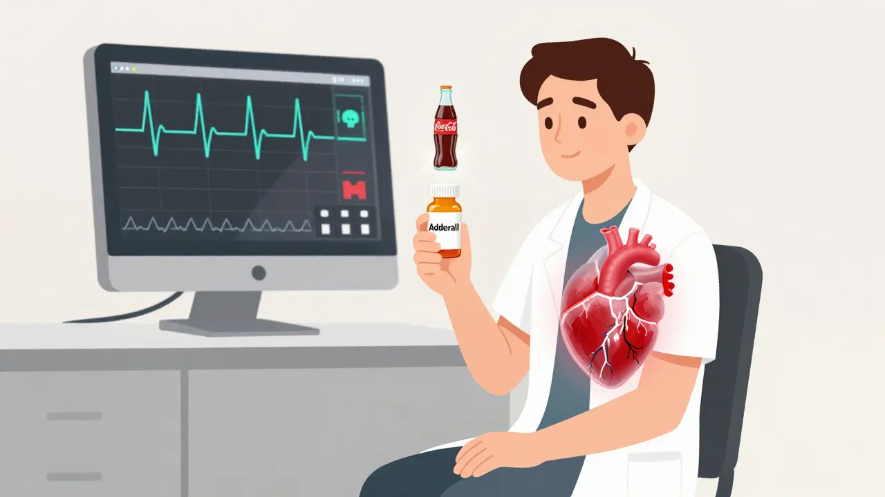 Patient dans un bureau médical avec un cœur affichant des zones d'alerte et une bouteille de stimulant illégal qui disparaît.