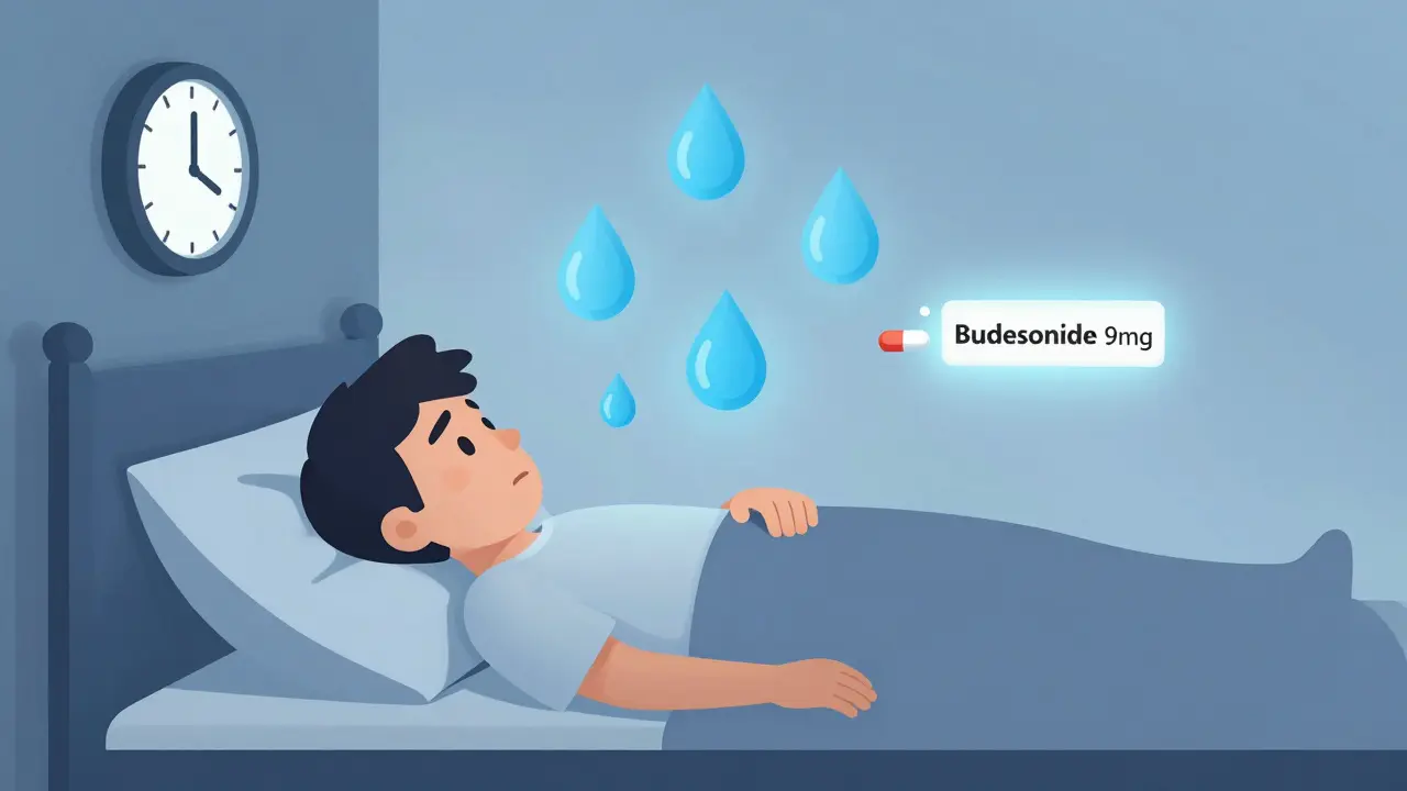 Patient la nuit, souffrant de diarrhée aqueuse, une pilule de budesonide à côté.