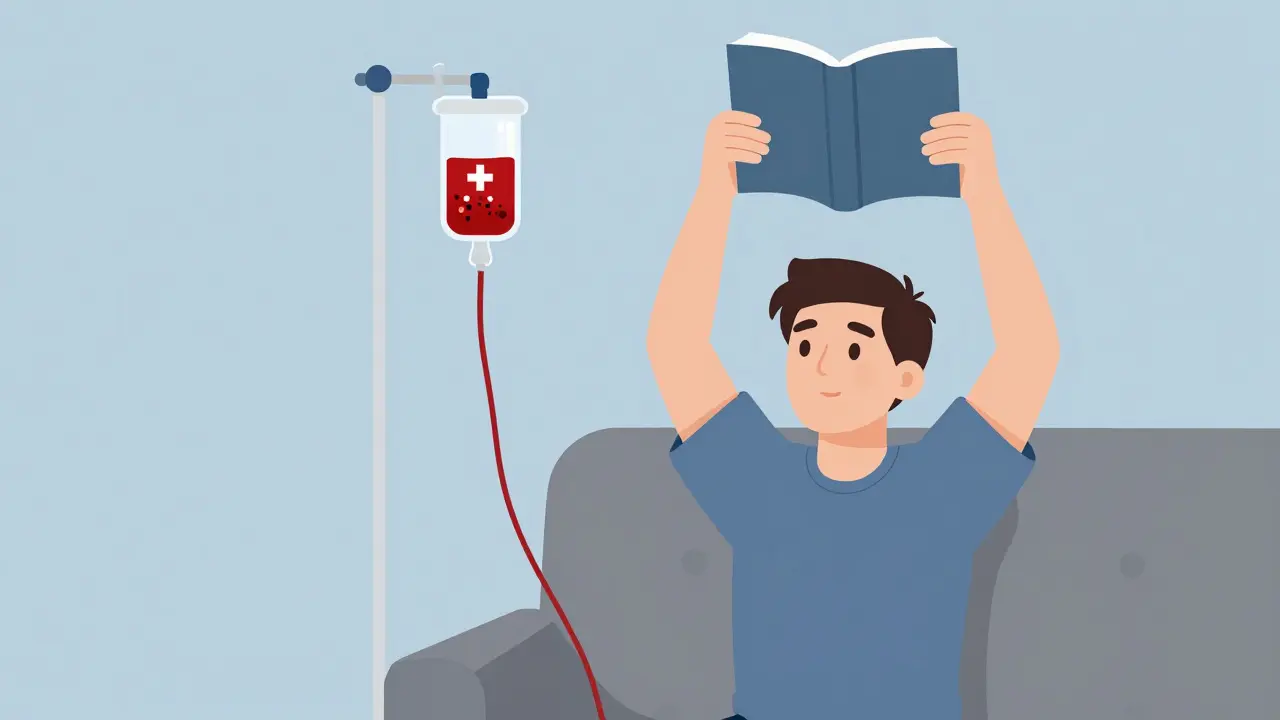 Patient recevant un traitement par perfusion à domicile, avec des anticorps nocifs éliminés du sang.