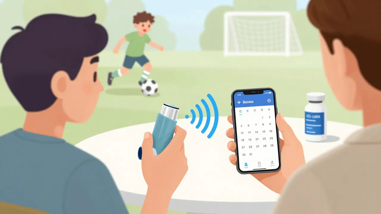 Patient utilisant un inhalateur intelligent connecté à un téléphone, entouré d'éléments de traitement modernes et d'activité physique libre.