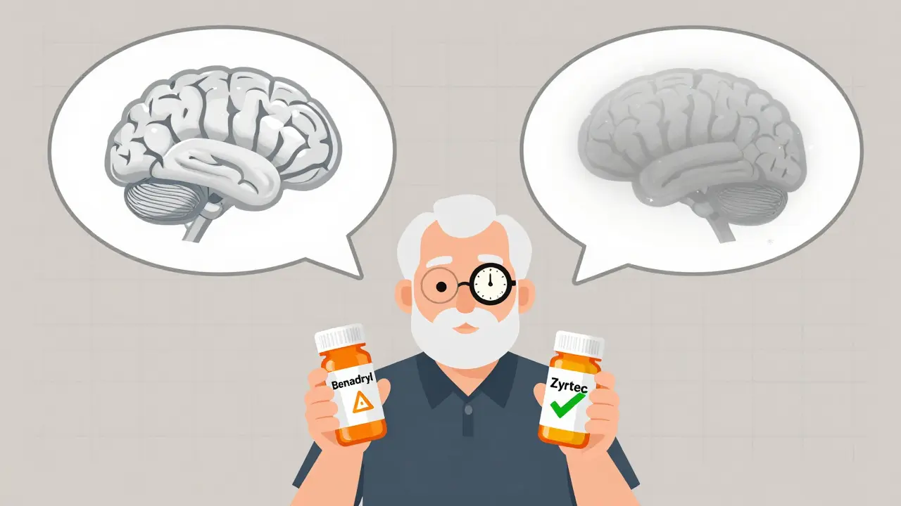 Personne âgée comparant un antihistaminique dangereux à une alternative sûre.