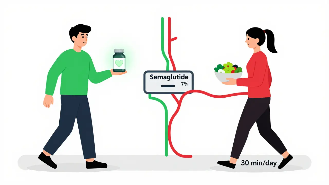 Personne divisée entre médicament et mode de vie sain, avec un cœur protégé et une perte de poids de 7 %.