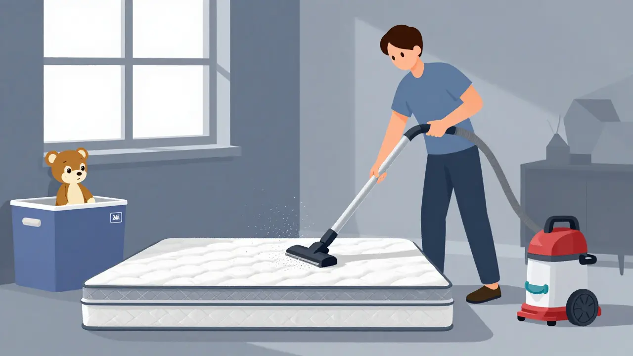 Personne en train d'aspirer un matelas avec un aspirateur HEPA, un doudou dans un congélateur.