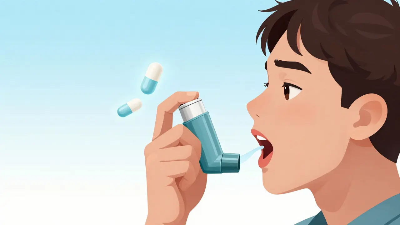 Personne se rinçant la bouche après un inhalateur, avec chewing-gum au xylitol et probiotique.