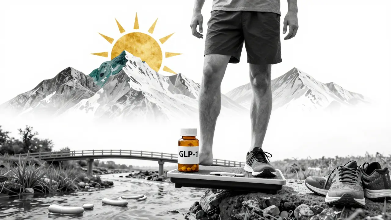 Personne sur une balance-bridge, pieds sur un médicament et des chaussures, symbolisant la santé globale.