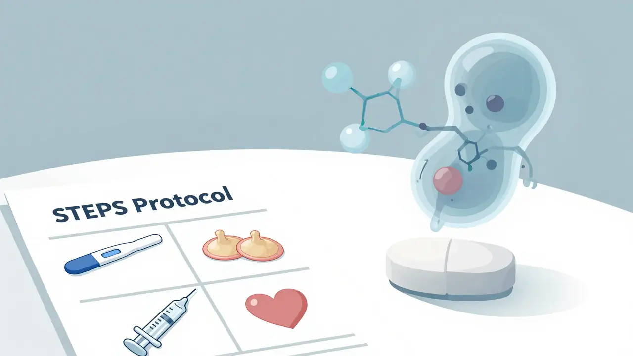 Pilule de thalidomide entourée de protocoles de sécurité et d'une structure moléculaire.