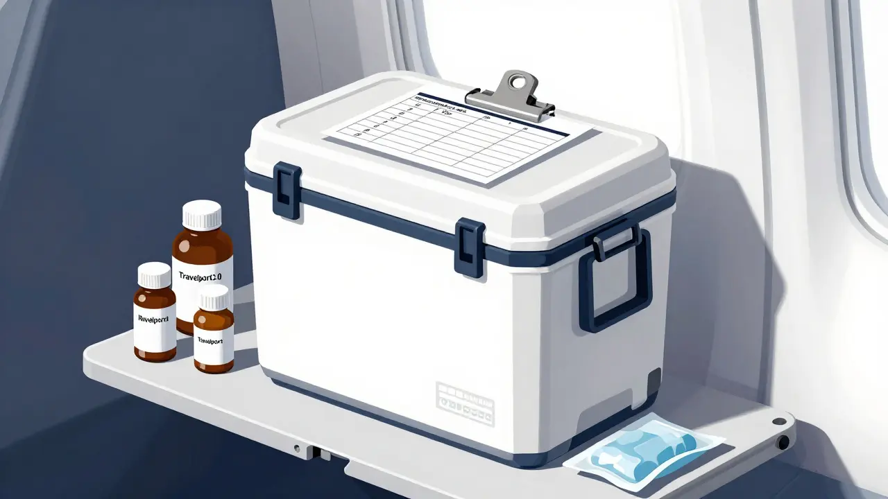 Refroidisseur portable avec des médicaments et une liste imprimée sur un plateau d'avion.