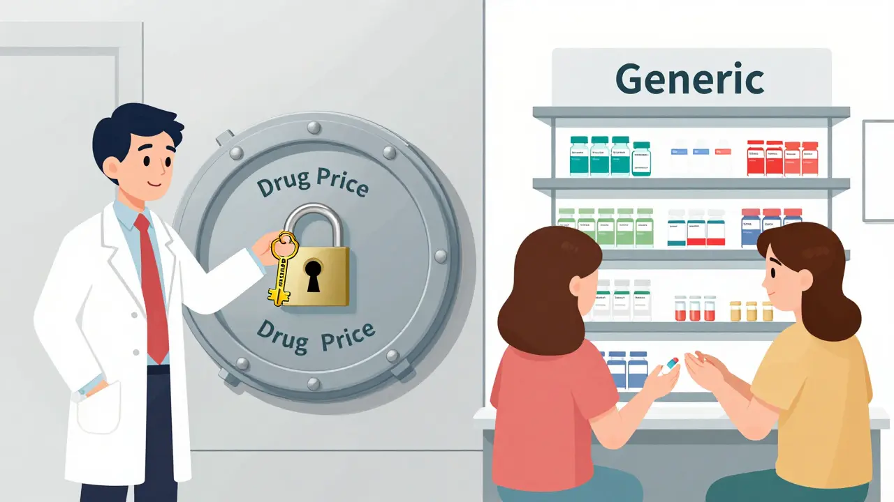 Scène divisée : entreprise protégeant un prix élevé vs patients accédant à des génériques.