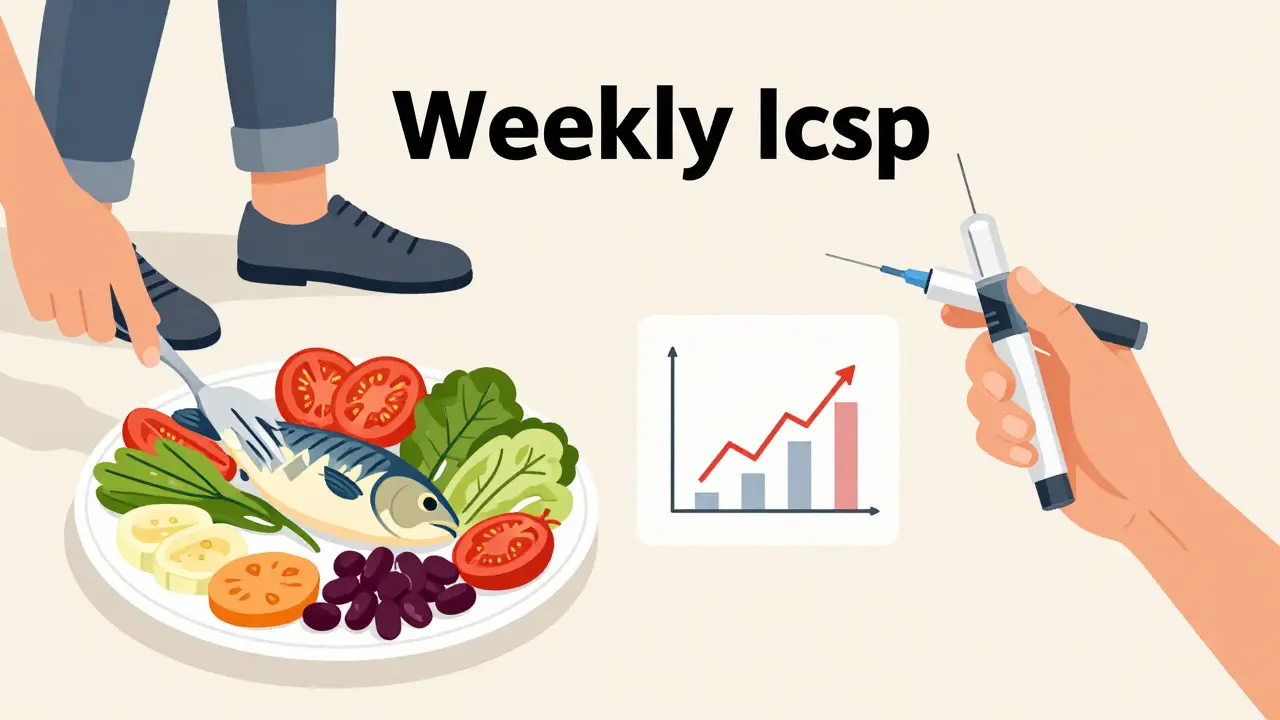 Scène divisée montrant un repas sain et une injection, symboles d'un mode de vie et d'un traitement combinés.