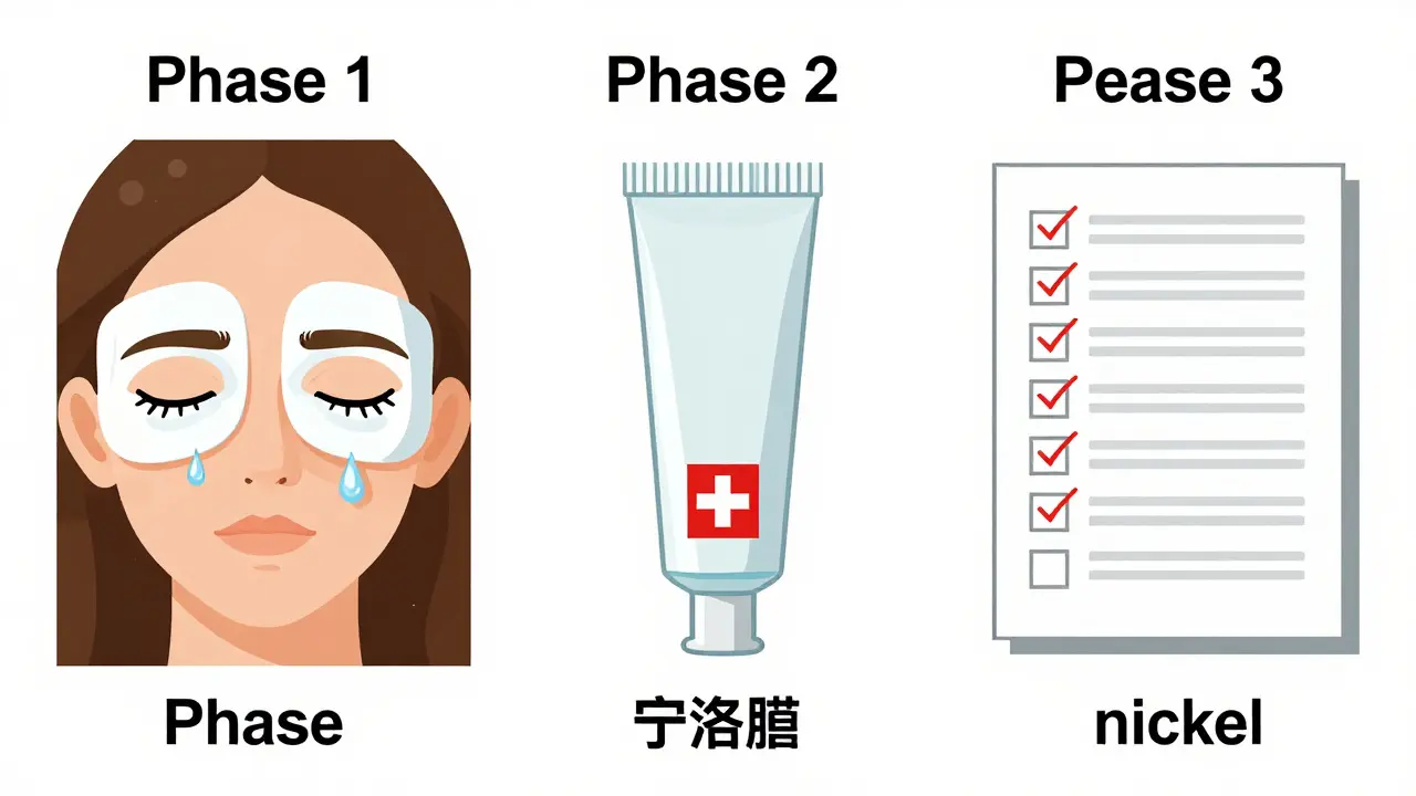 Séquence en trois phases du traitement de la dermatite des paupières : compresse, vaseline, résultat du test.