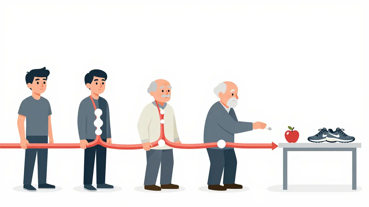 Timeline montrant l'accumulation de calcium dans les artères et des gestes préventifs à la fin : pilule et pomme.