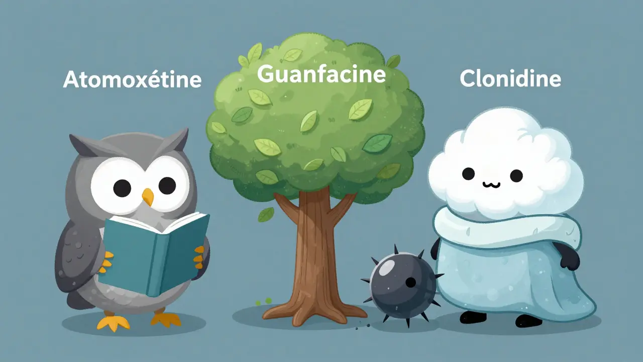 Trois alternatives douces au stimulant, représentées par des personnages apaisants : une chouette, un arbre et un nuage.