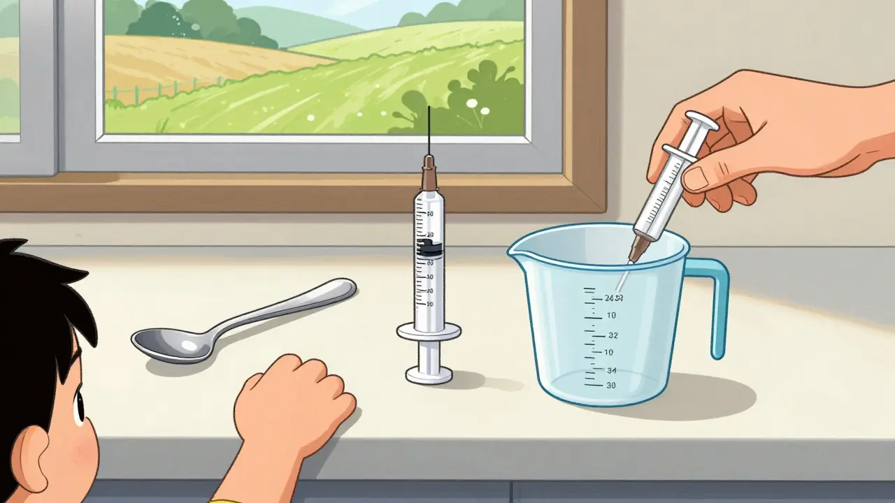 Trois outils de mesure de médicaments sur un comptoir : une cuillère, une seringue et un gobelet gradué.