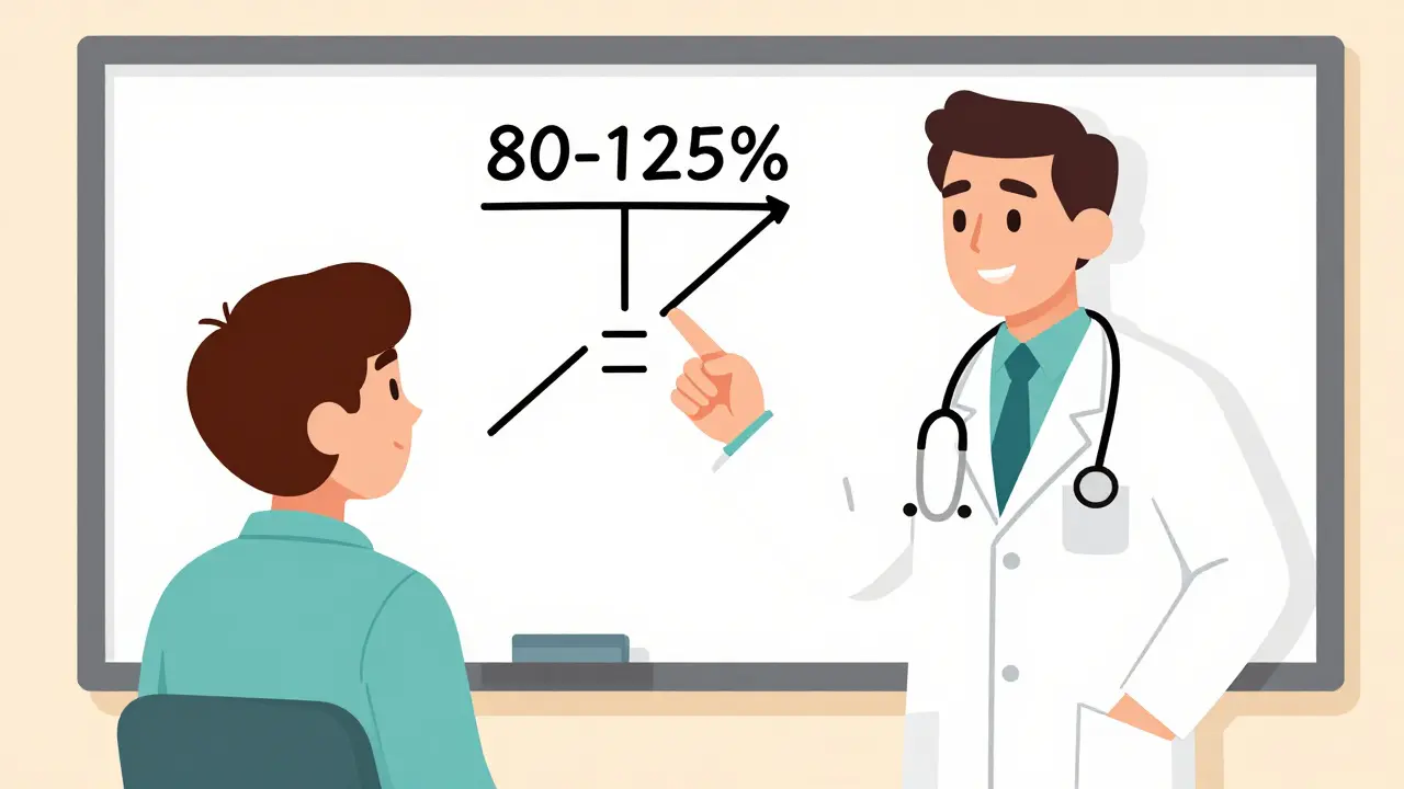Un médecin explique visuellement l'équivalence bioéquivalente des médicaments génériques à un patient, avec un tableau géométrique simple.