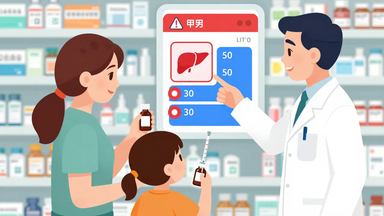 Un parent utilise une seringue doseuse pour administrer un médicament à un enfant, accompagné d'un pharmacien.