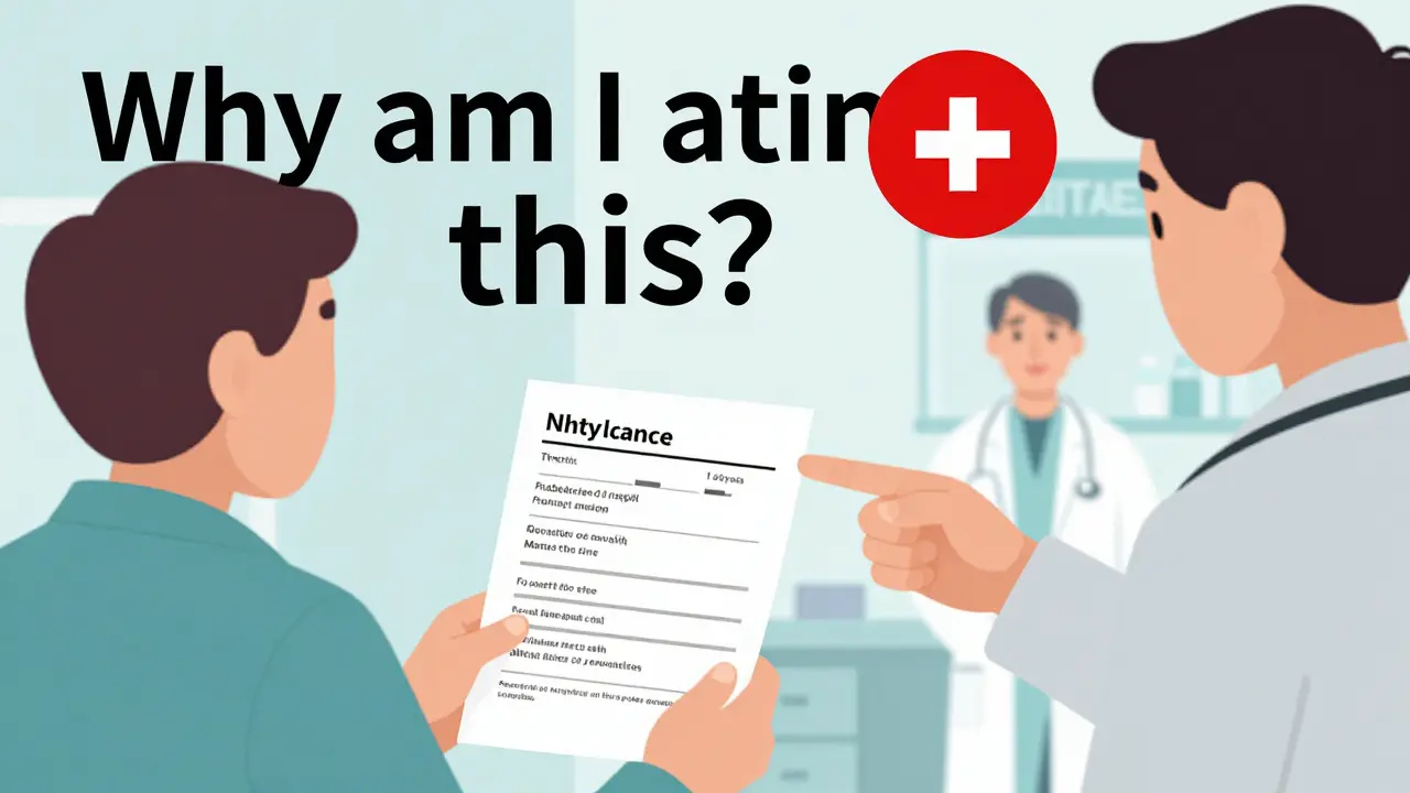 Un patient reçoit des explications sur ses médicaments à la sortie de l'hôpital, entouré de sa famille.