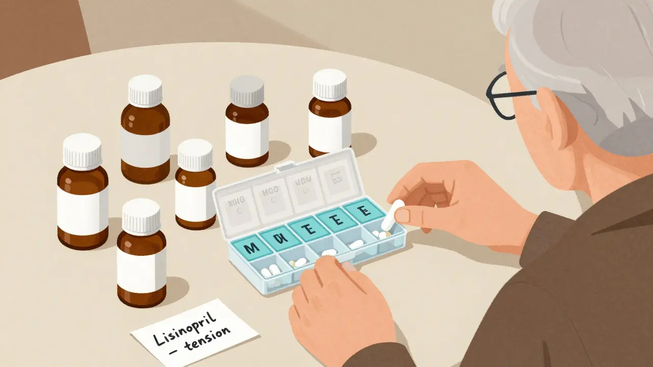 Une personne âgée organise ses médicaments dans un distributeur hebdomadaire avec des étiquettes claires.