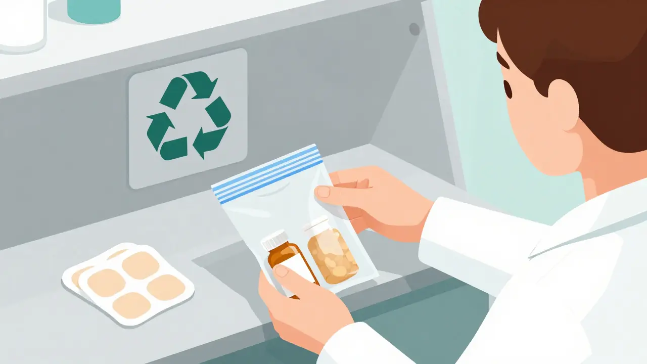 Une personne dépose des médicaments dans un sac hermétique à un point de collecte, reçue par un pharmacien.