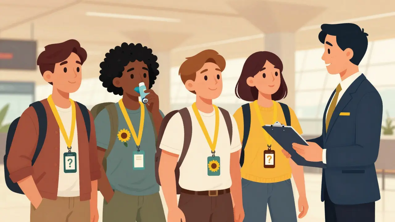 Voyageurs avec lanières tournesol et agent TSA en guide à l'aéroport.