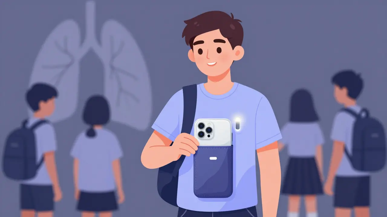 Adolescent utilise un spacer discret dans un étui stylisé, en toute confiance à l'école.